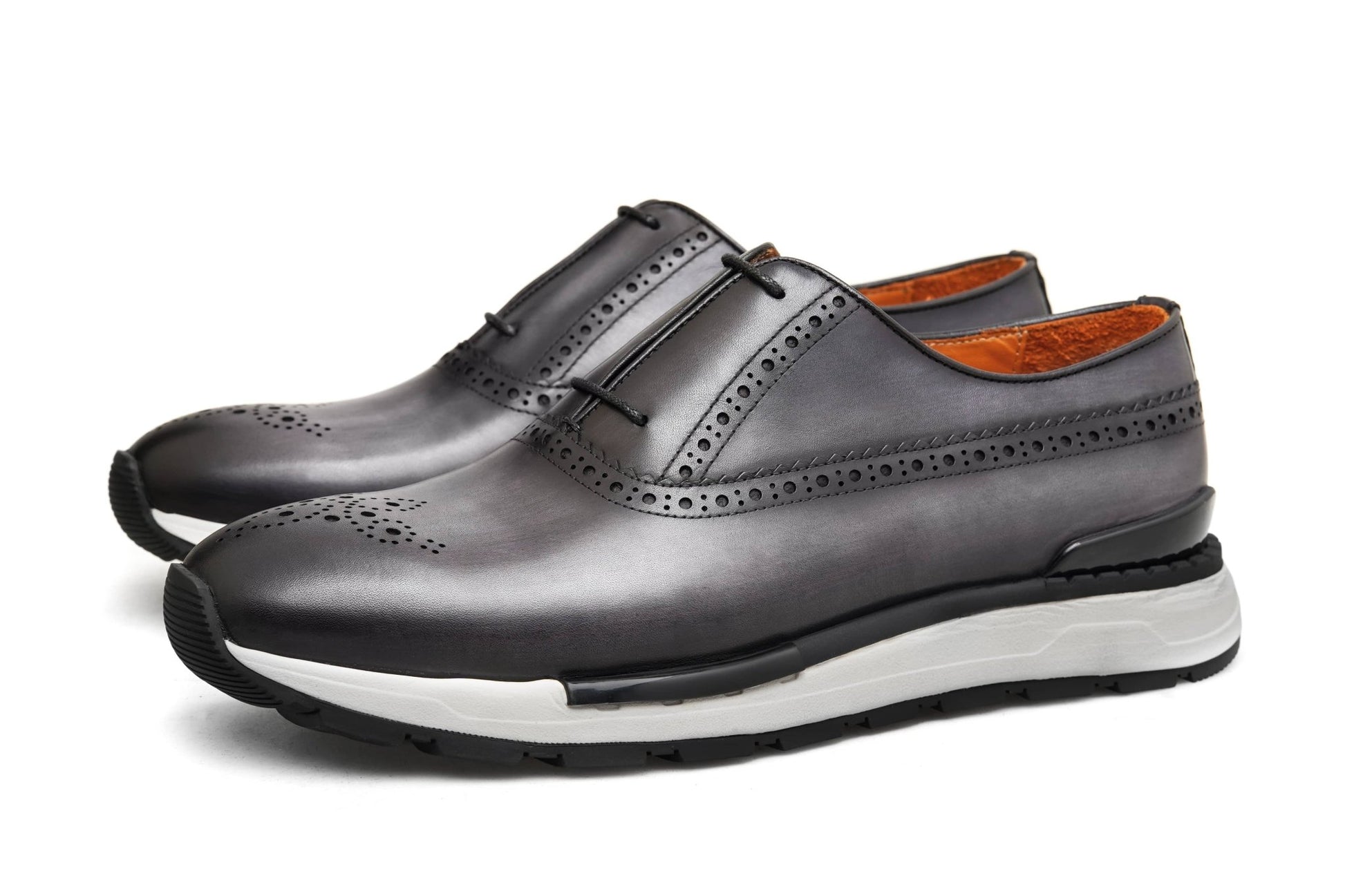 Men’s Grey Leather Brogue Slip - On Sneakers - SUITHARBOR