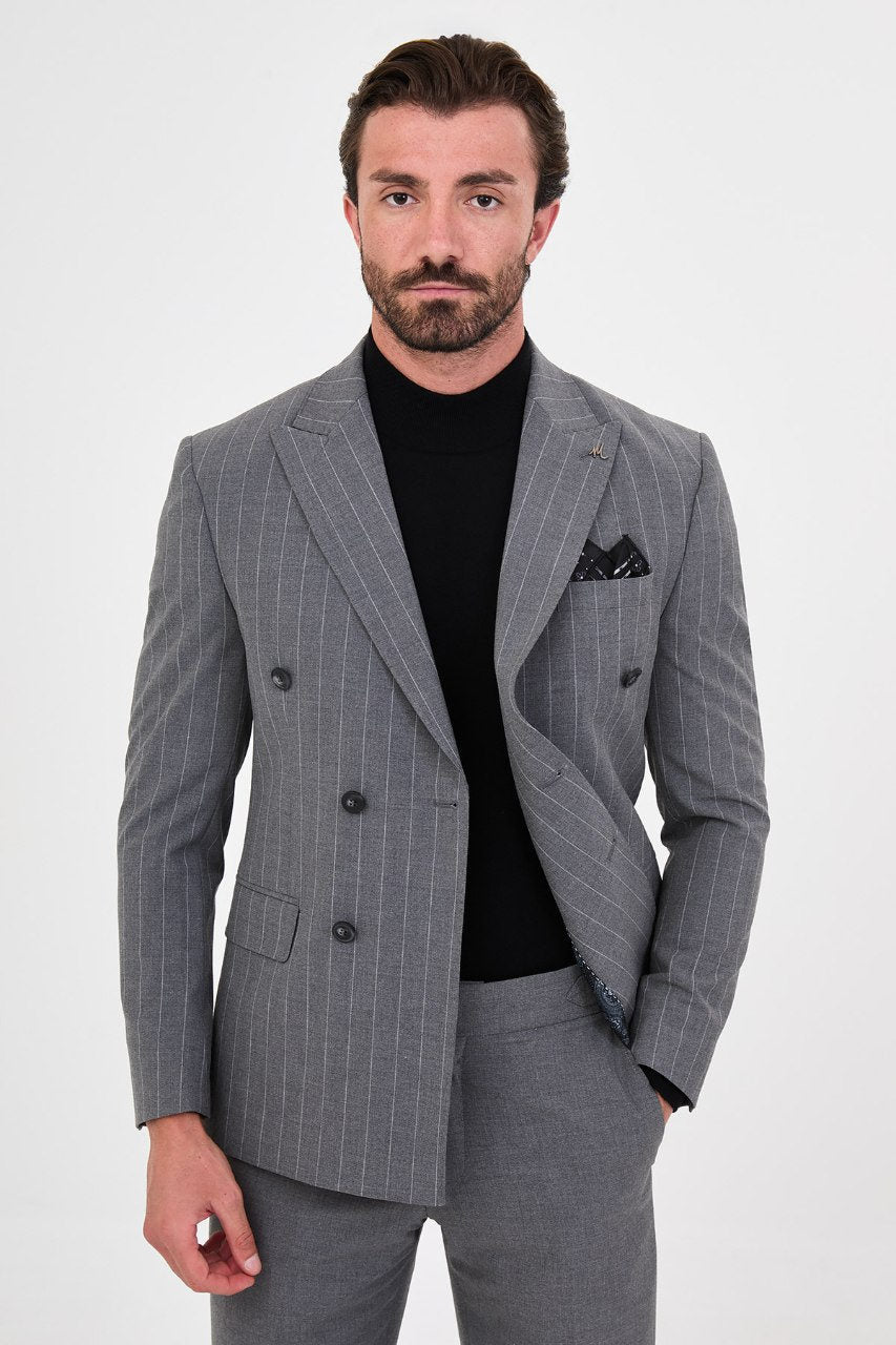 Men's grey pinstripe double-breasted suit jacket front view