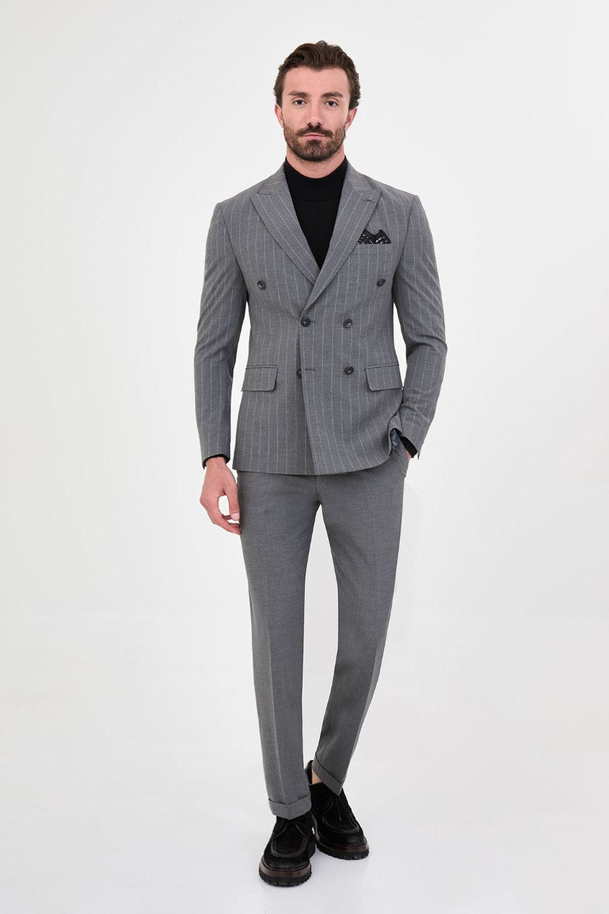 Men's grey pinstripe double-breasted suit back view