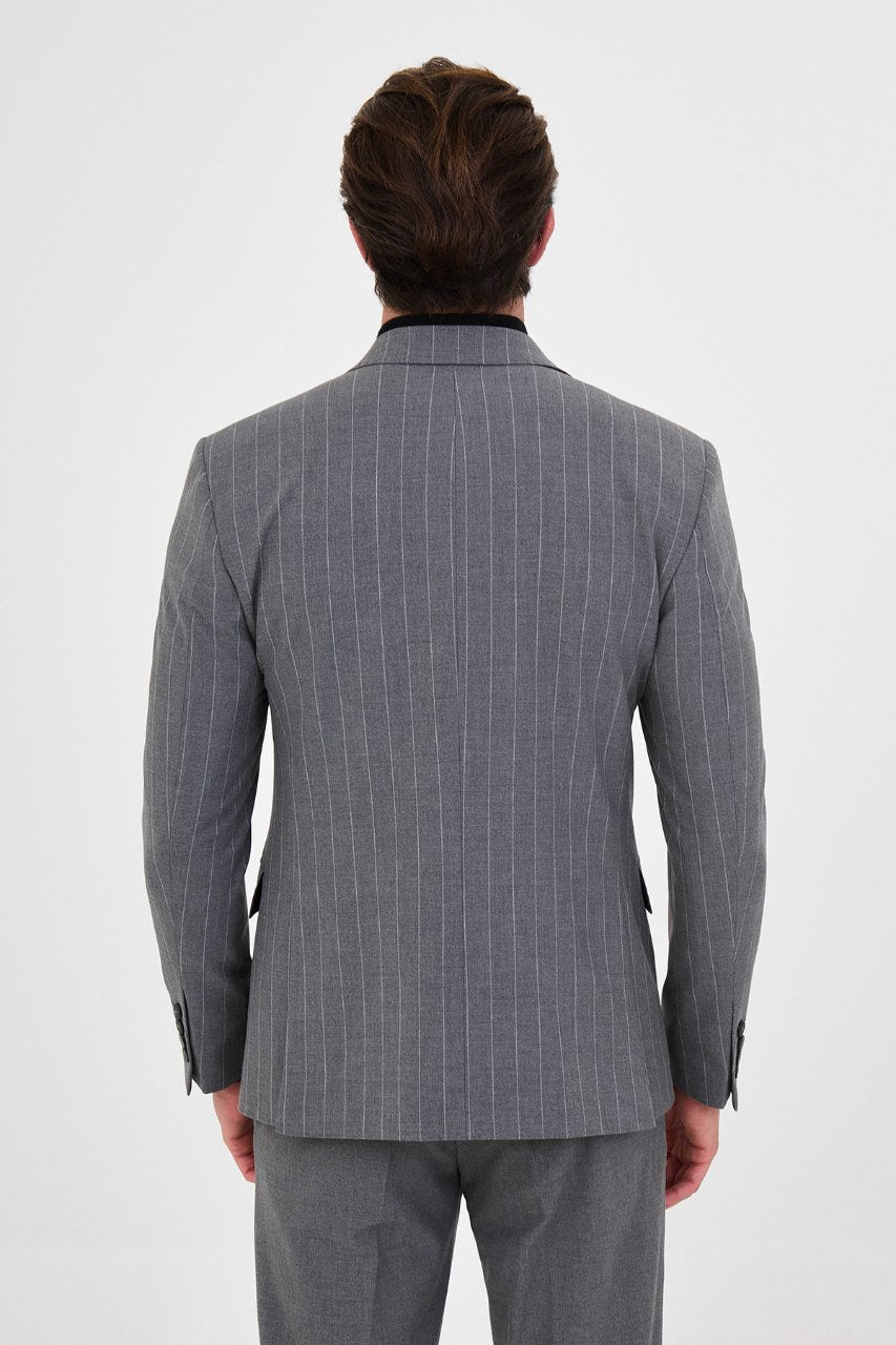 Men's grey pinstripe double-breasted suit front styling view