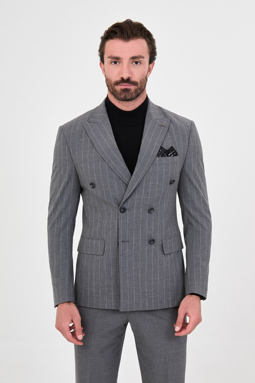 Men's grey pinstripe double-breasted suit lapel and pinstripe detail