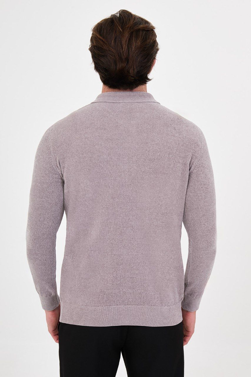Back view of the men's grey textured quarter-zip polo sweater