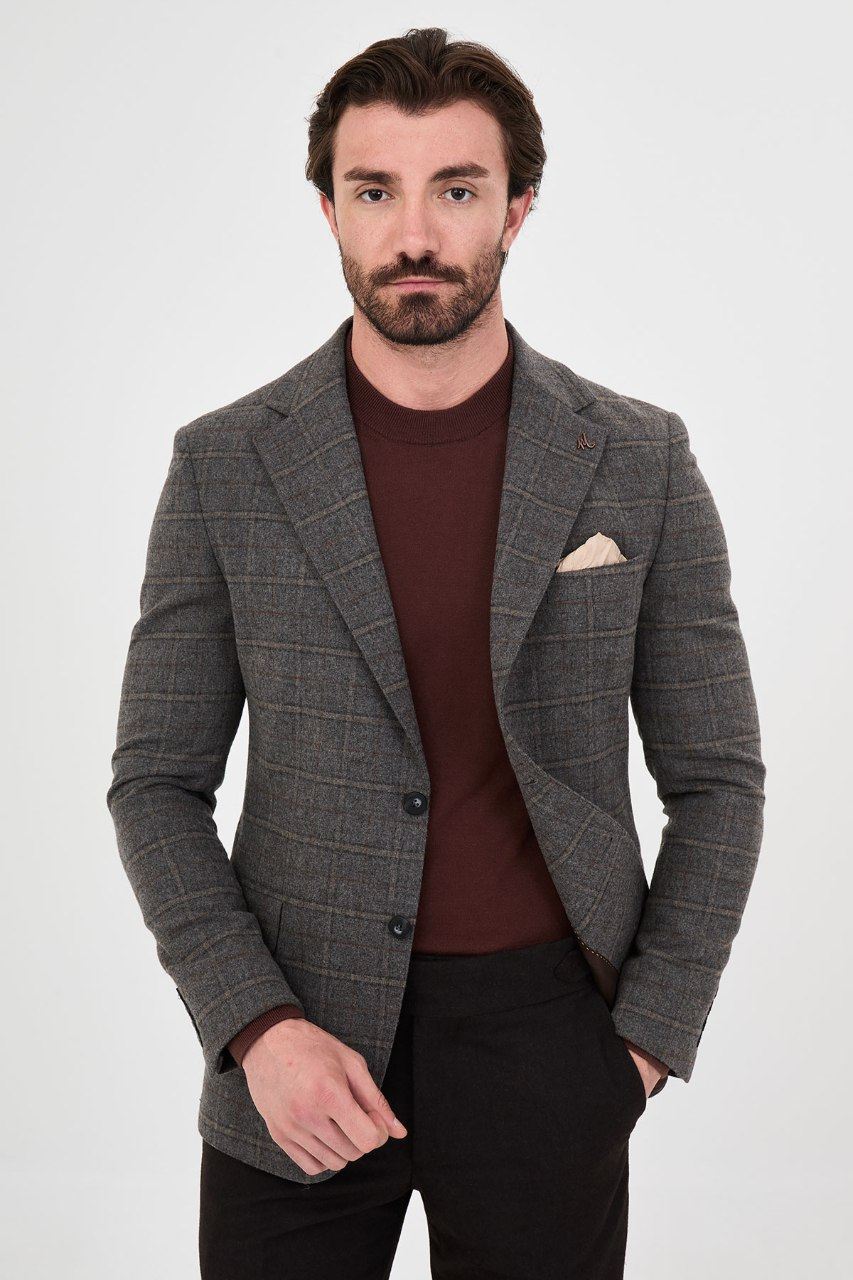 Men's grey windowpane blazer, front view