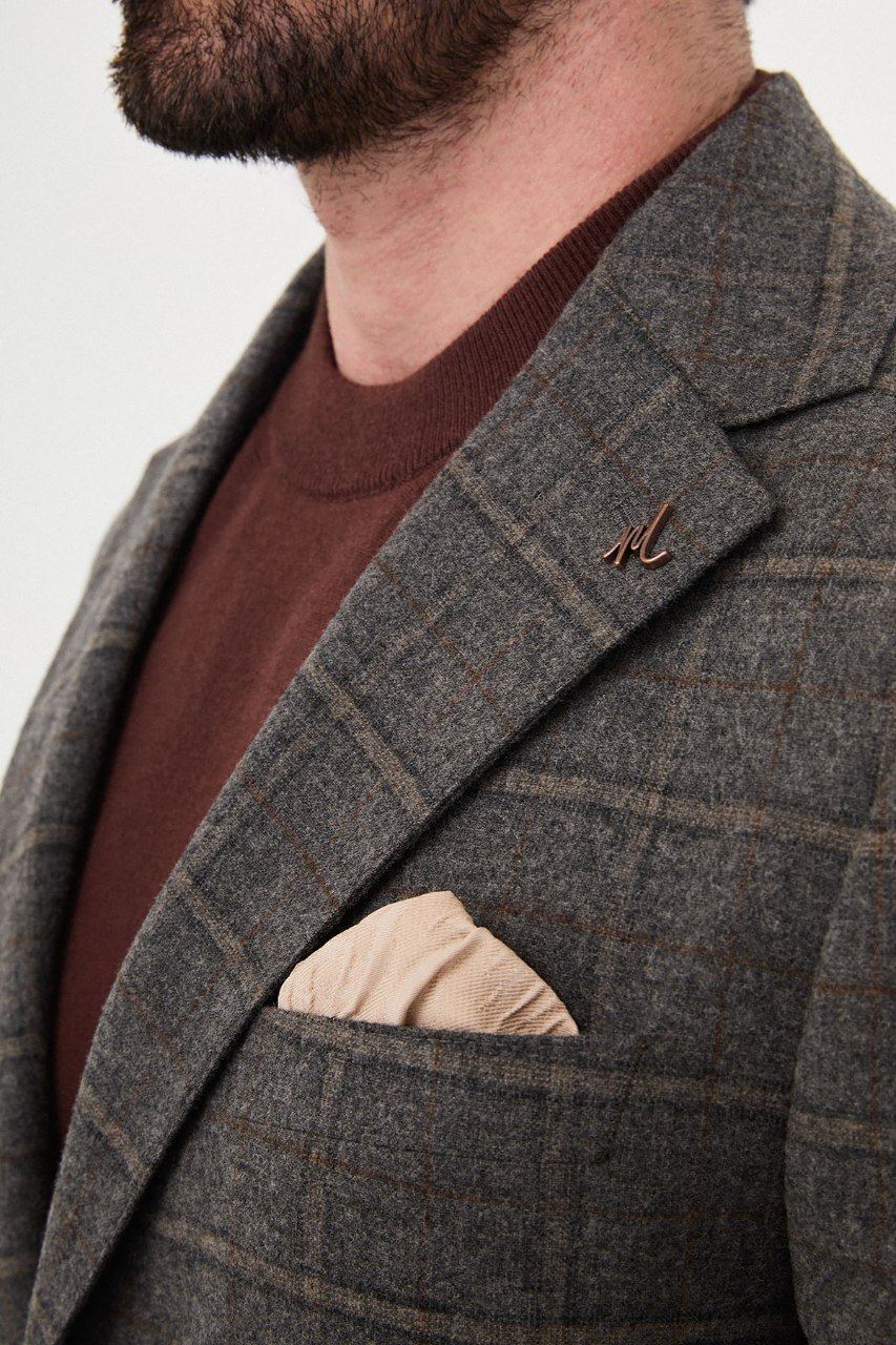 Men's grey windowpane blazer, lapel detail