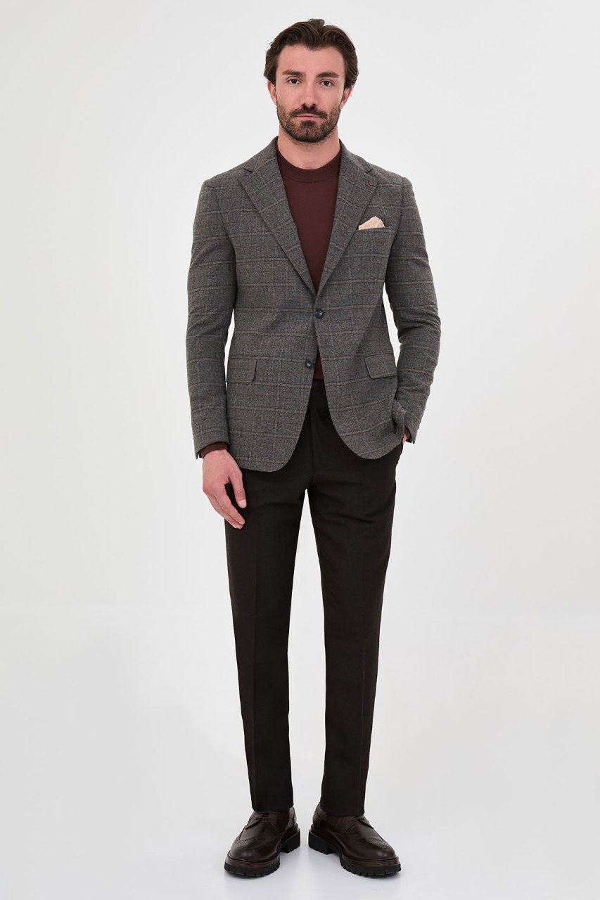 Men's grey windowpane blazer, full-length view