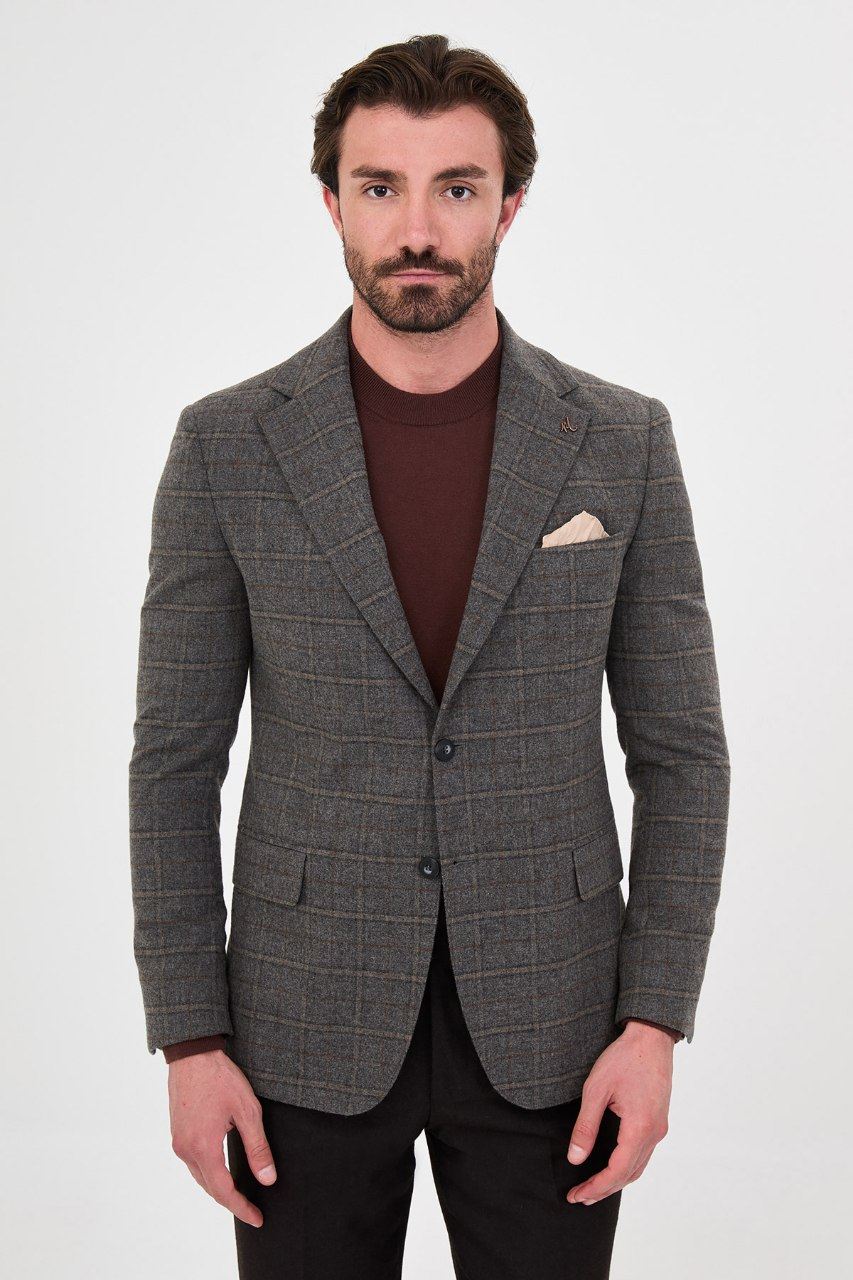 Men's grey windowpane blazer, rear view