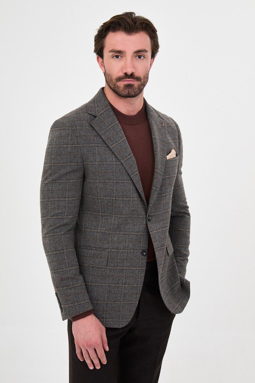 Men's grey windowpane blazer, angled view