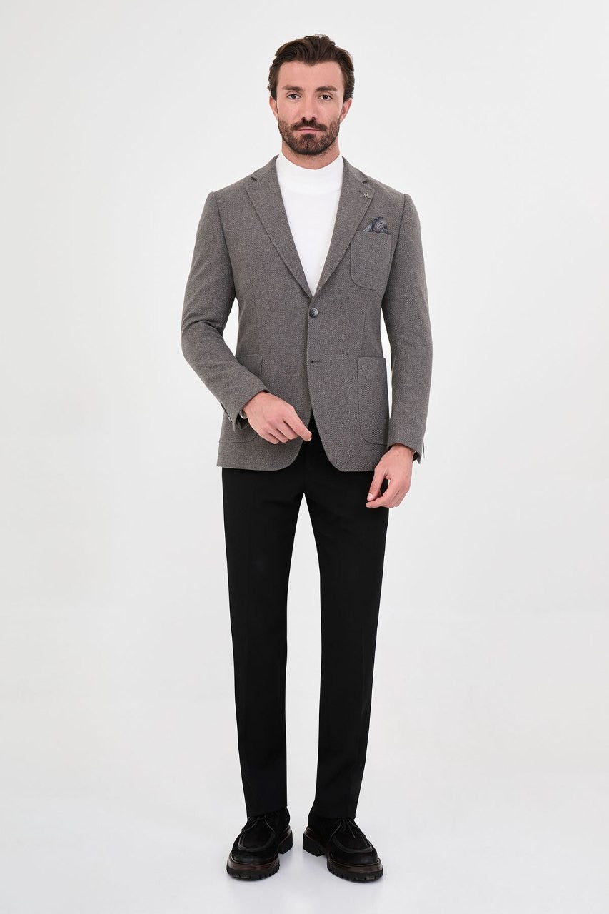 Men’s grey blazer, full-length outfit view