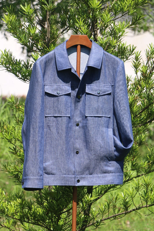 Men's Indigo Linen Utility Jacket - SUITHARBOR