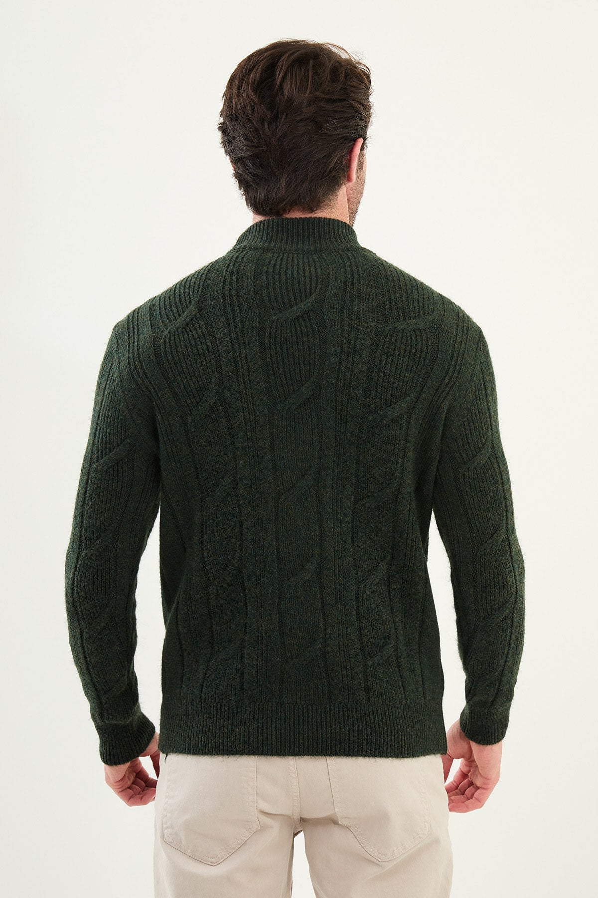 Men’s Khaki Cable Knit Slim Fit Sweater - SUITHARBOR