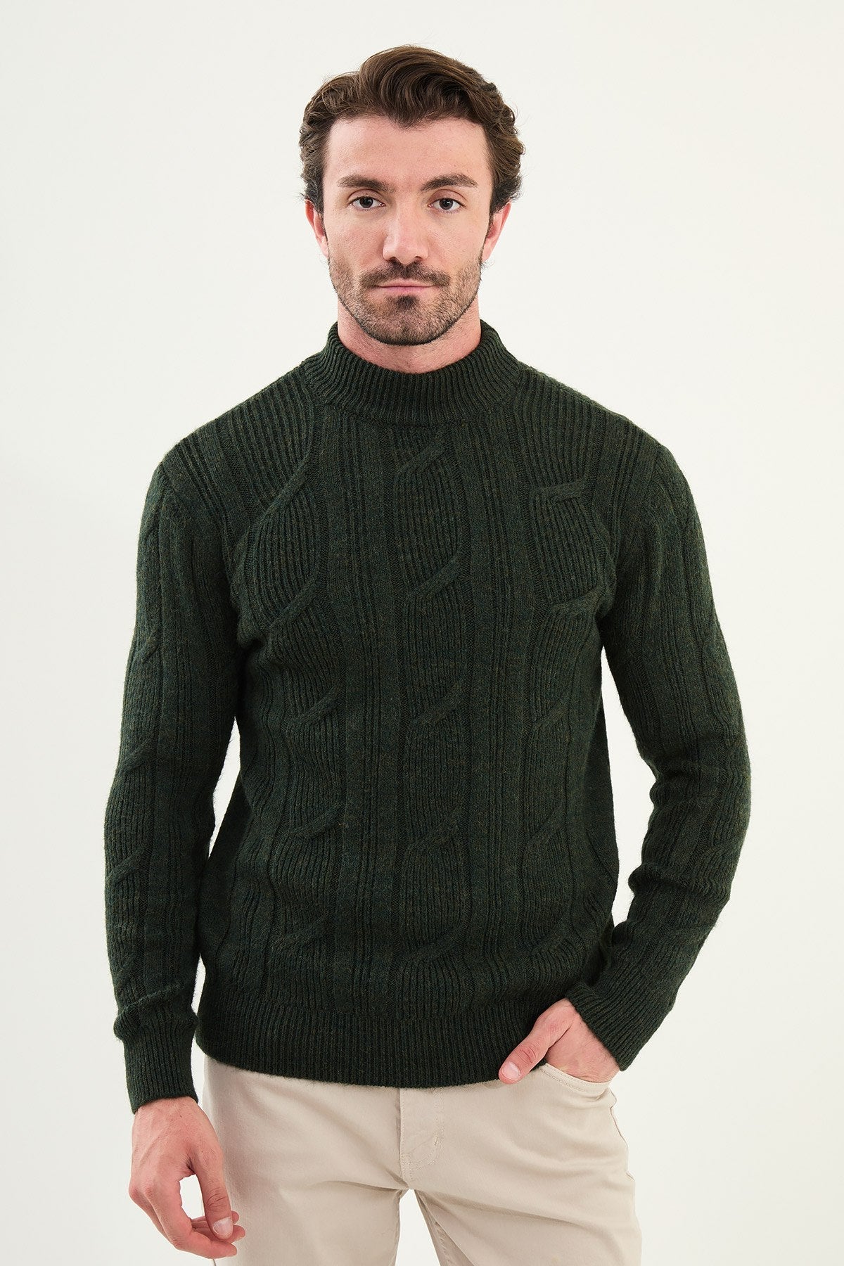 Men’s Khaki Cable Knit Slim Fit Sweater - SUITHARBOR