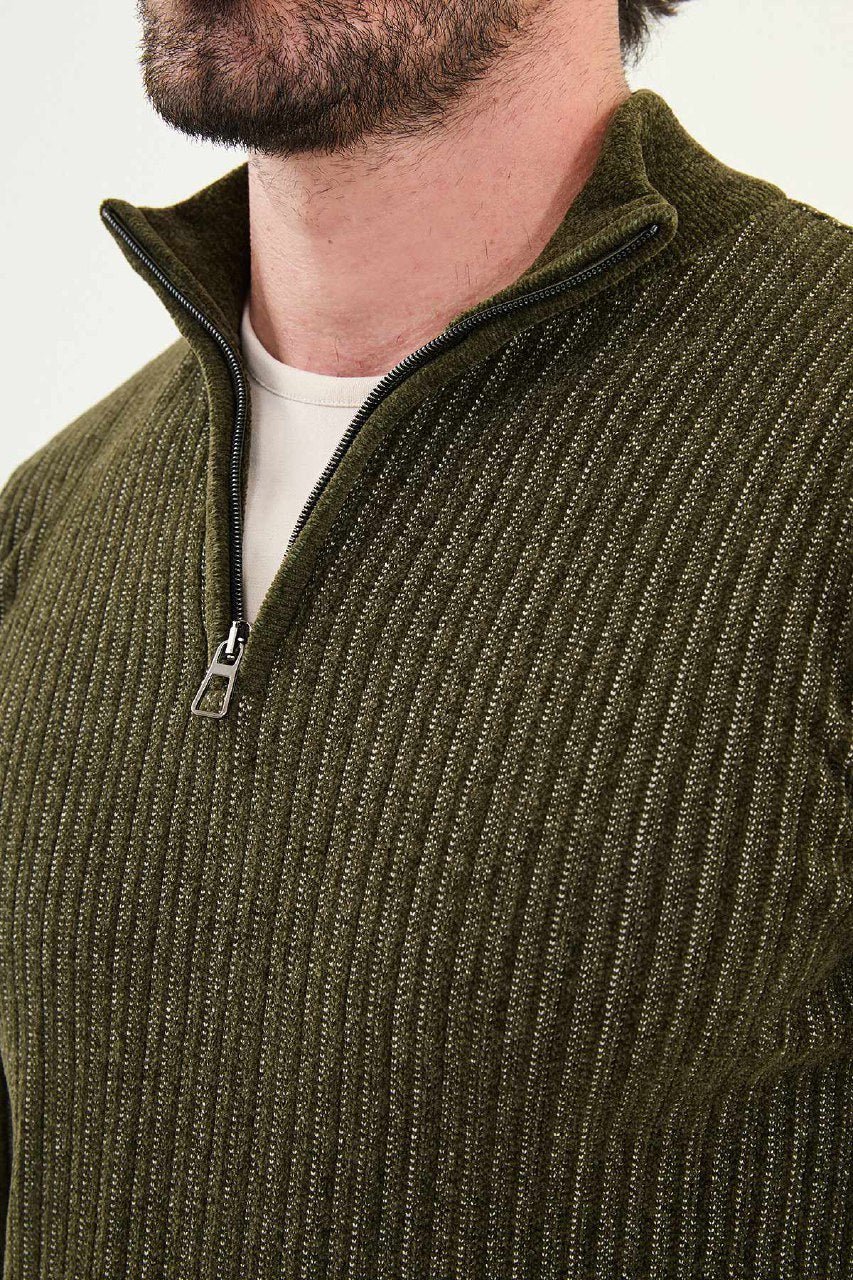 Men’s Khaki Ribbed Half - Zip Knitwear Sweater - SUITHARBOR
