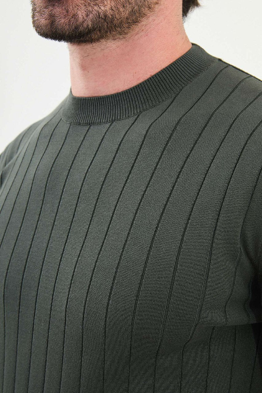 Men’s Khaki Ribbed Slim Fit Knitwear Mockup Sweater - SUITHARBOR