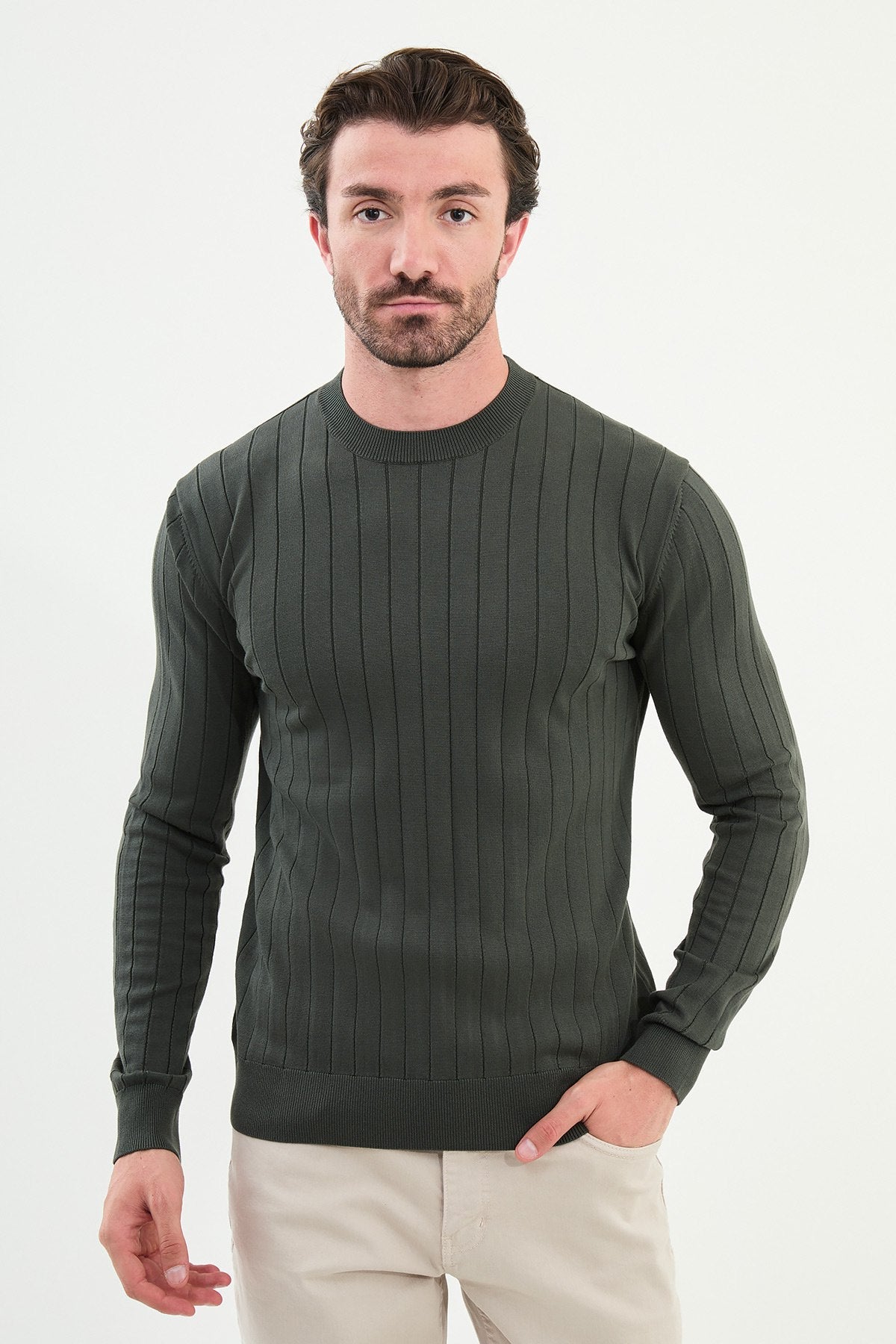 Men’s Khaki Ribbed Slim Fit Knitwear Mockup Sweater - SUITHARBOR