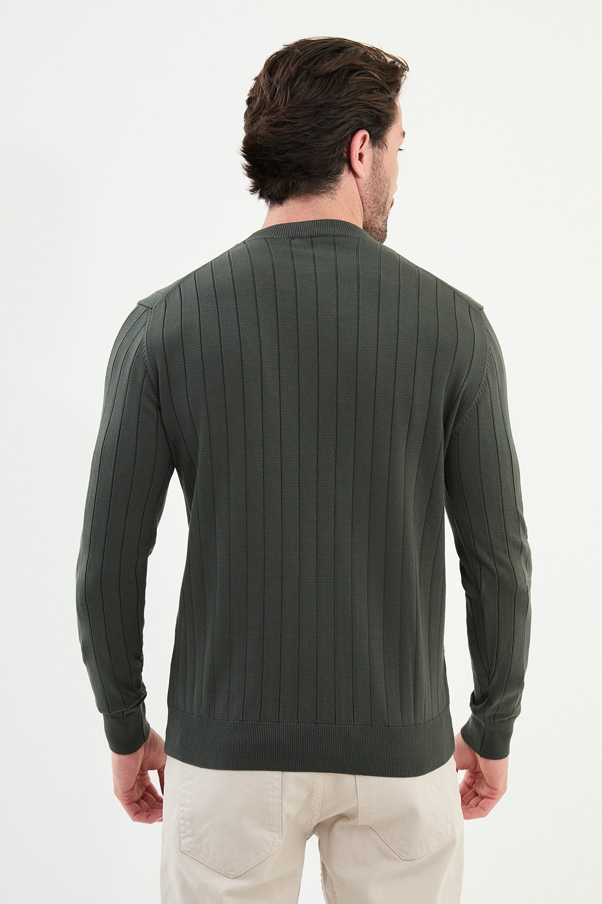 Men’s Khaki Ribbed Slim Fit Knitwear Mockup Sweater - SUITHARBOR