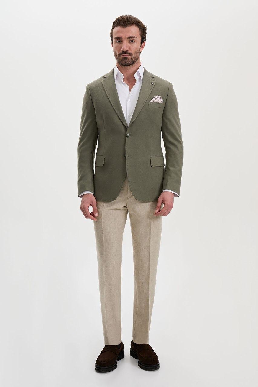 Men's khaki green blazer, full length view