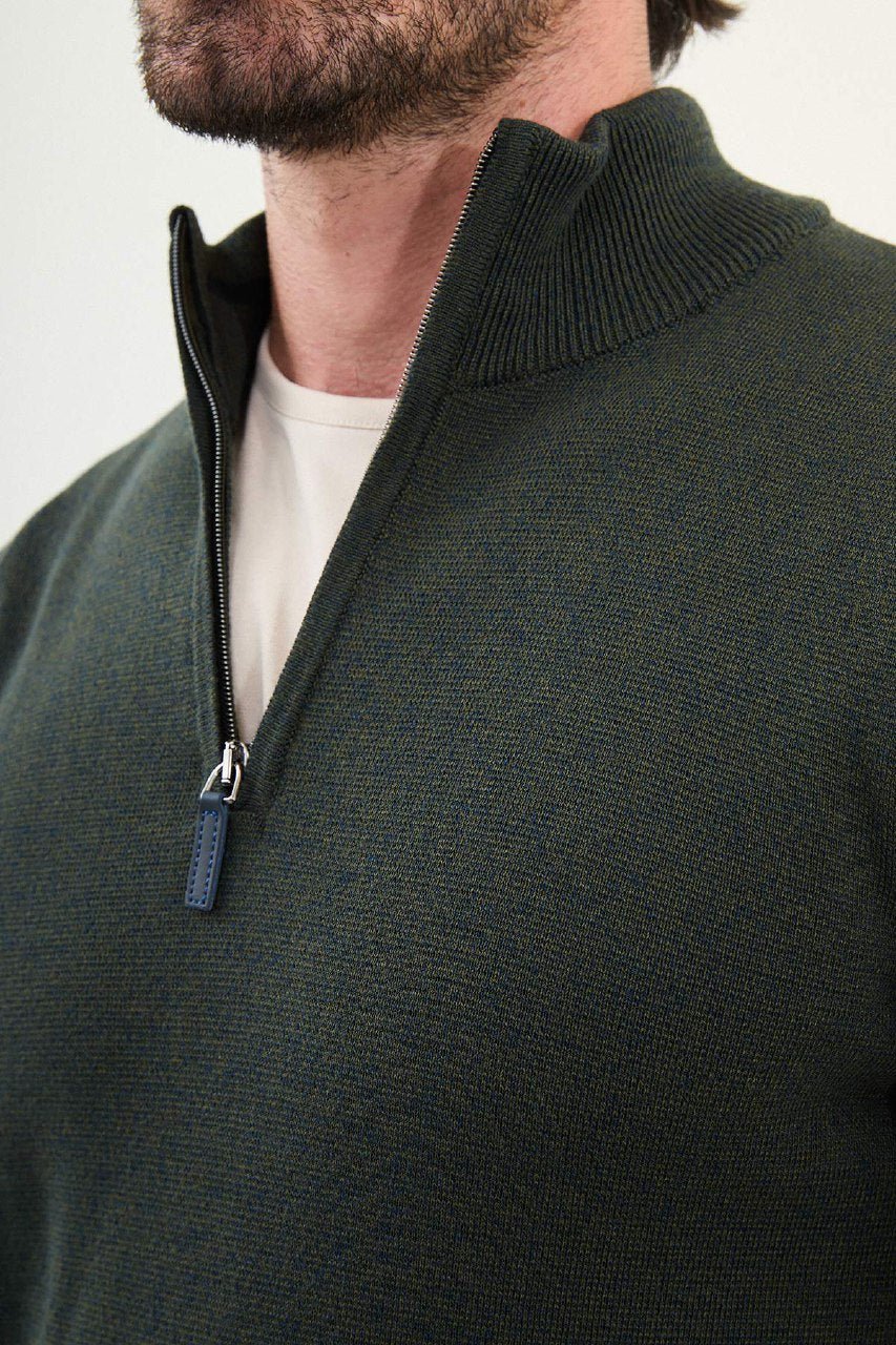 Men’s Khaki Slim Fit Half - Zip Knitwear Sweater - SUITHARBOR