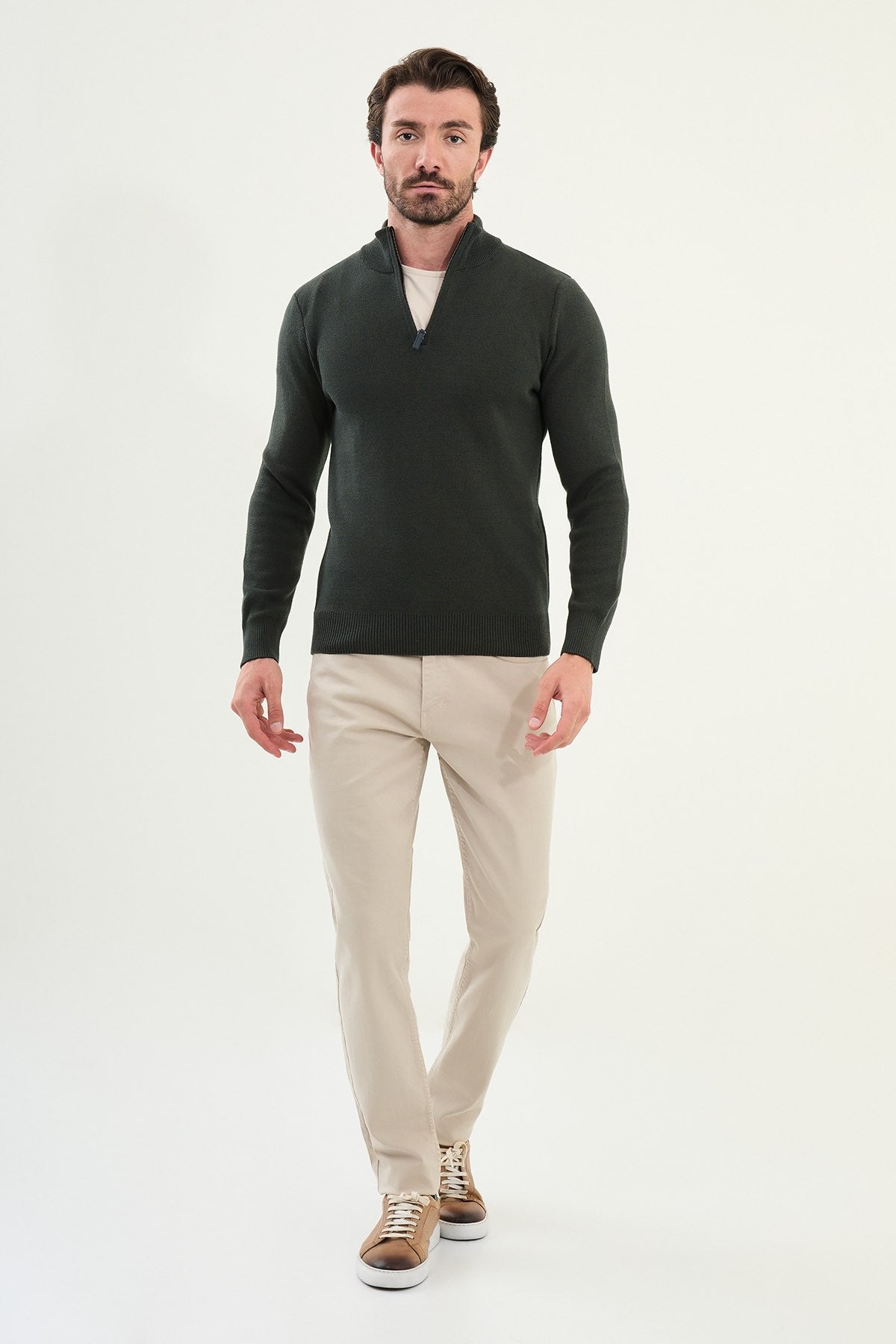 Men’s Khaki Slim Fit Half - Zip Knitwear Sweater - SUITHARBOR