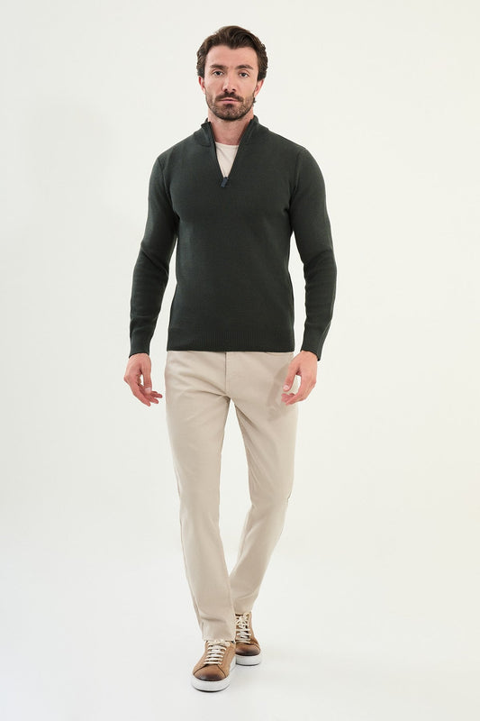 Men’s Khaki Slim Fit Half - Zip Knitwear Sweater - SUITHARBOR