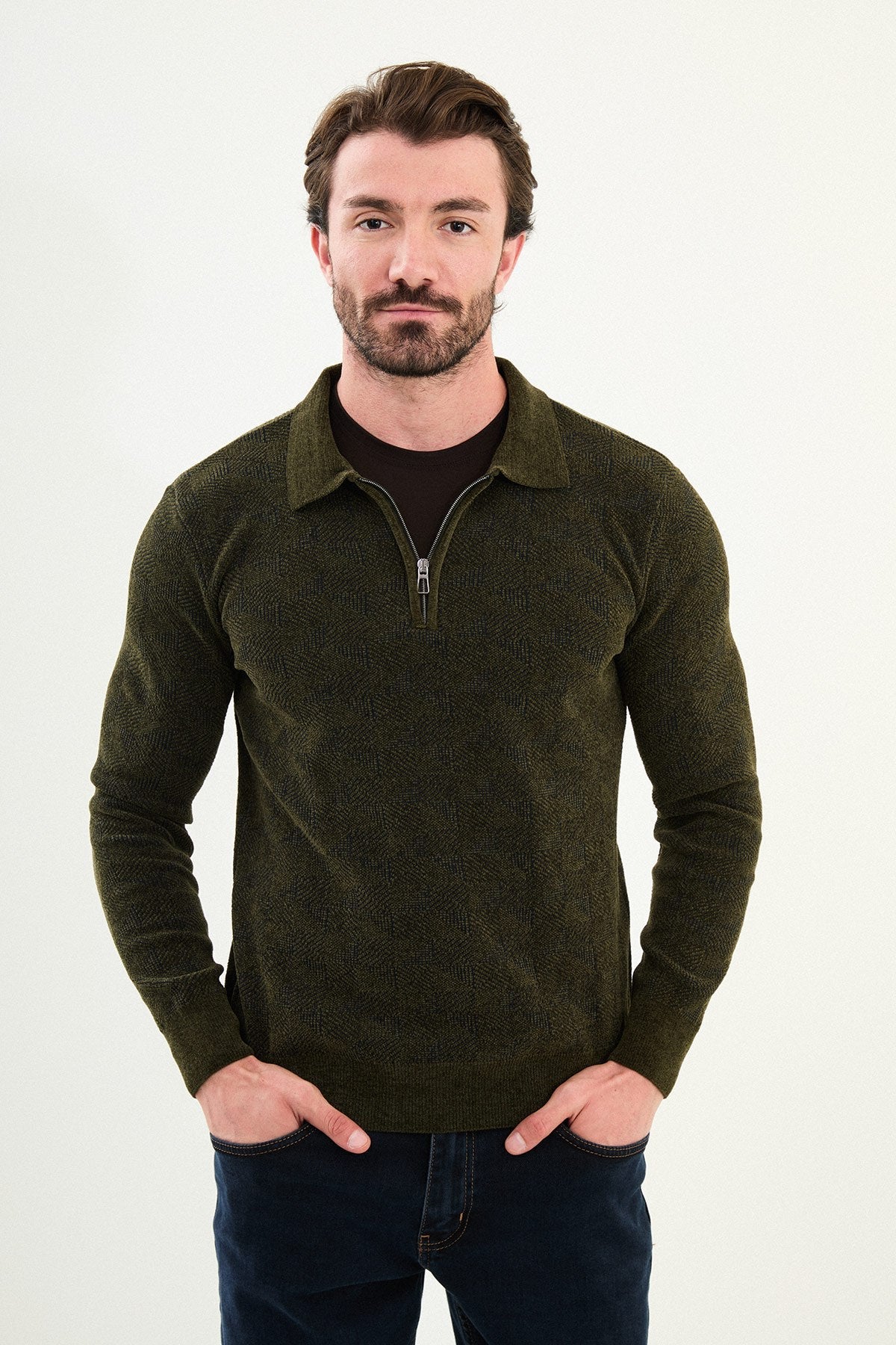 Men’s Khaki Textured Half - Zip Knitwear Sweater - SUITHARBOR