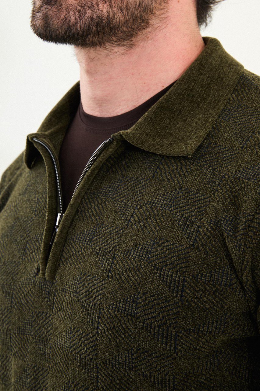 Men’s Khaki Textured Half - Zip Knitwear Sweater - SUITHARBOR