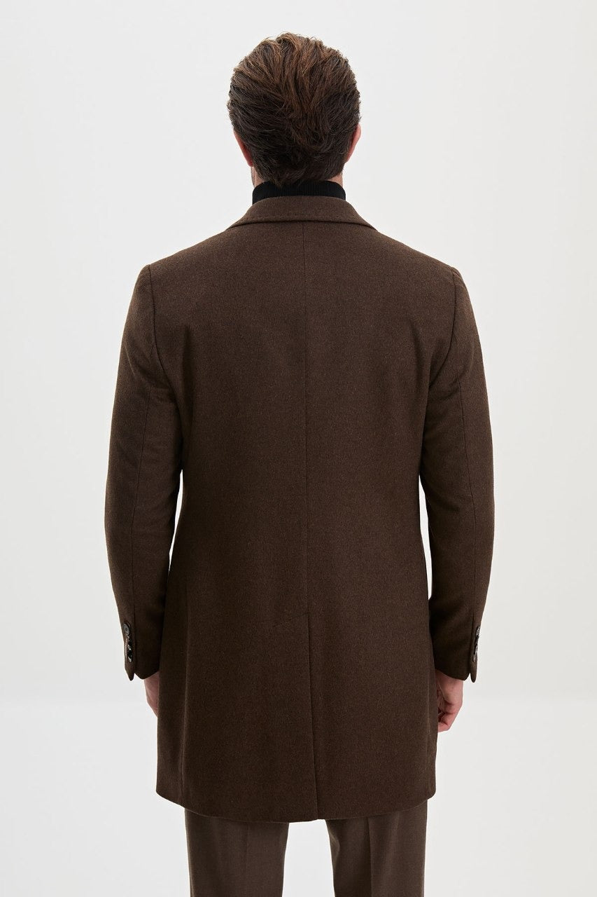 Men’s light brown wool-blend overcoat with notch lapels, back view
