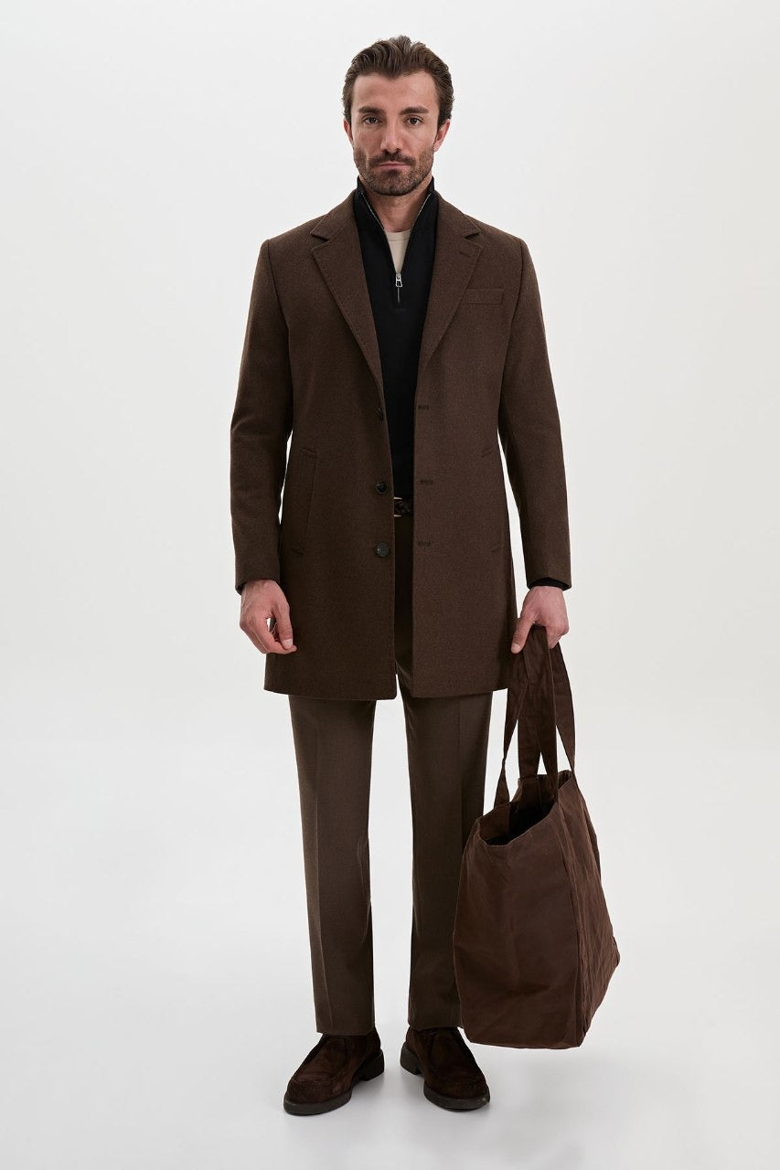 Men’s light brown wool-blend overcoat with notch lapels, front full view