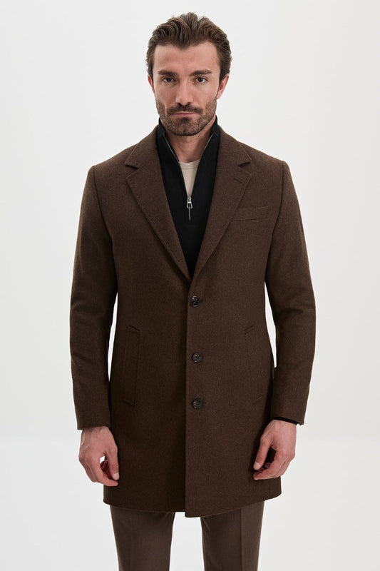 Men’s light brown wool-blend overcoat with notch lapels, front open view