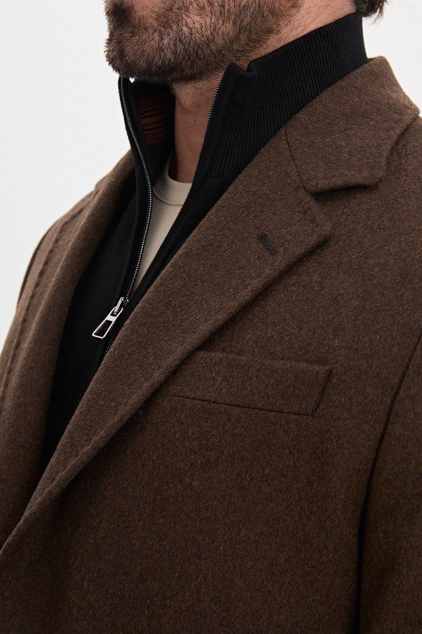 Men’s light brown wool-blend overcoat with notch lapels, lapel detail view