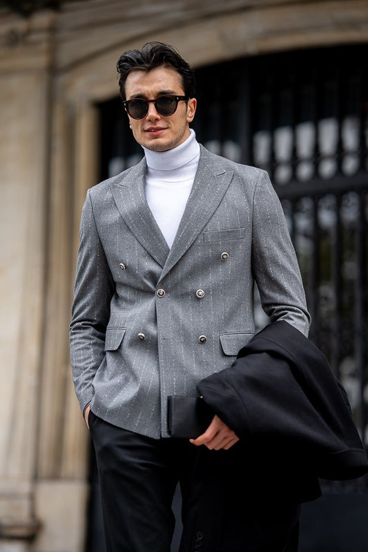Men’s Light Grey Double - Breasted Blazer - SUITHARBOR