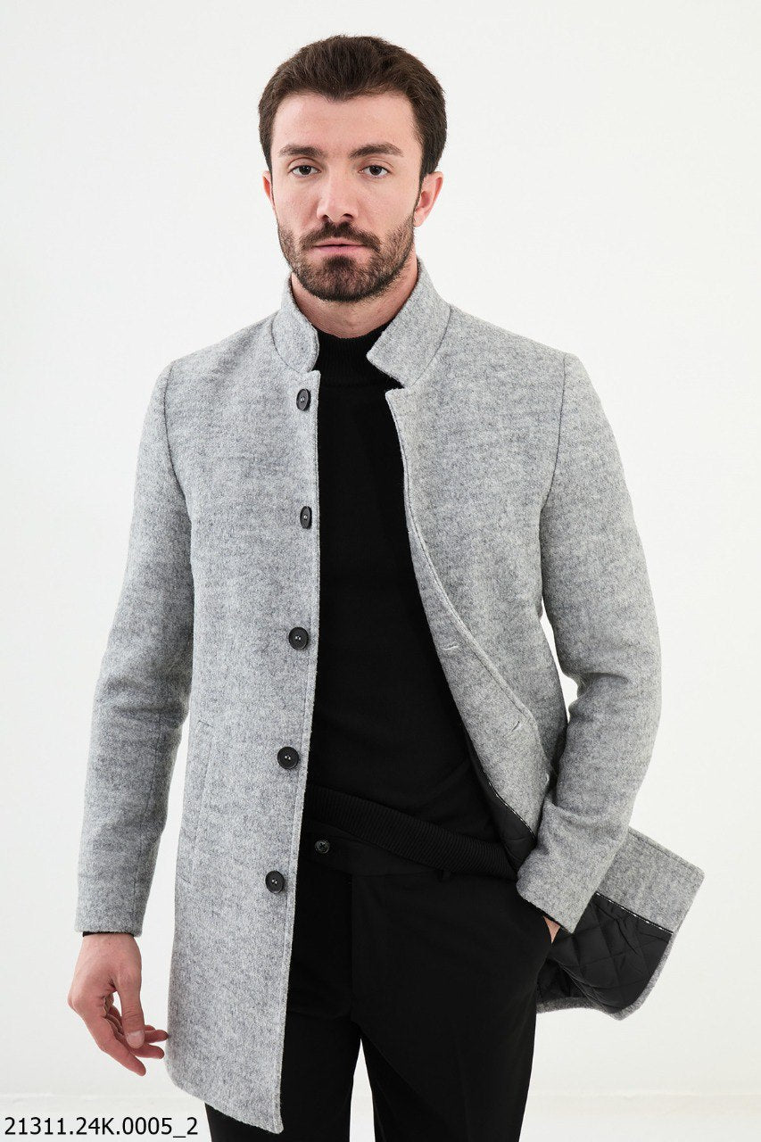 Men's Light Grey Stand Collar Coat - SUITHARBOR