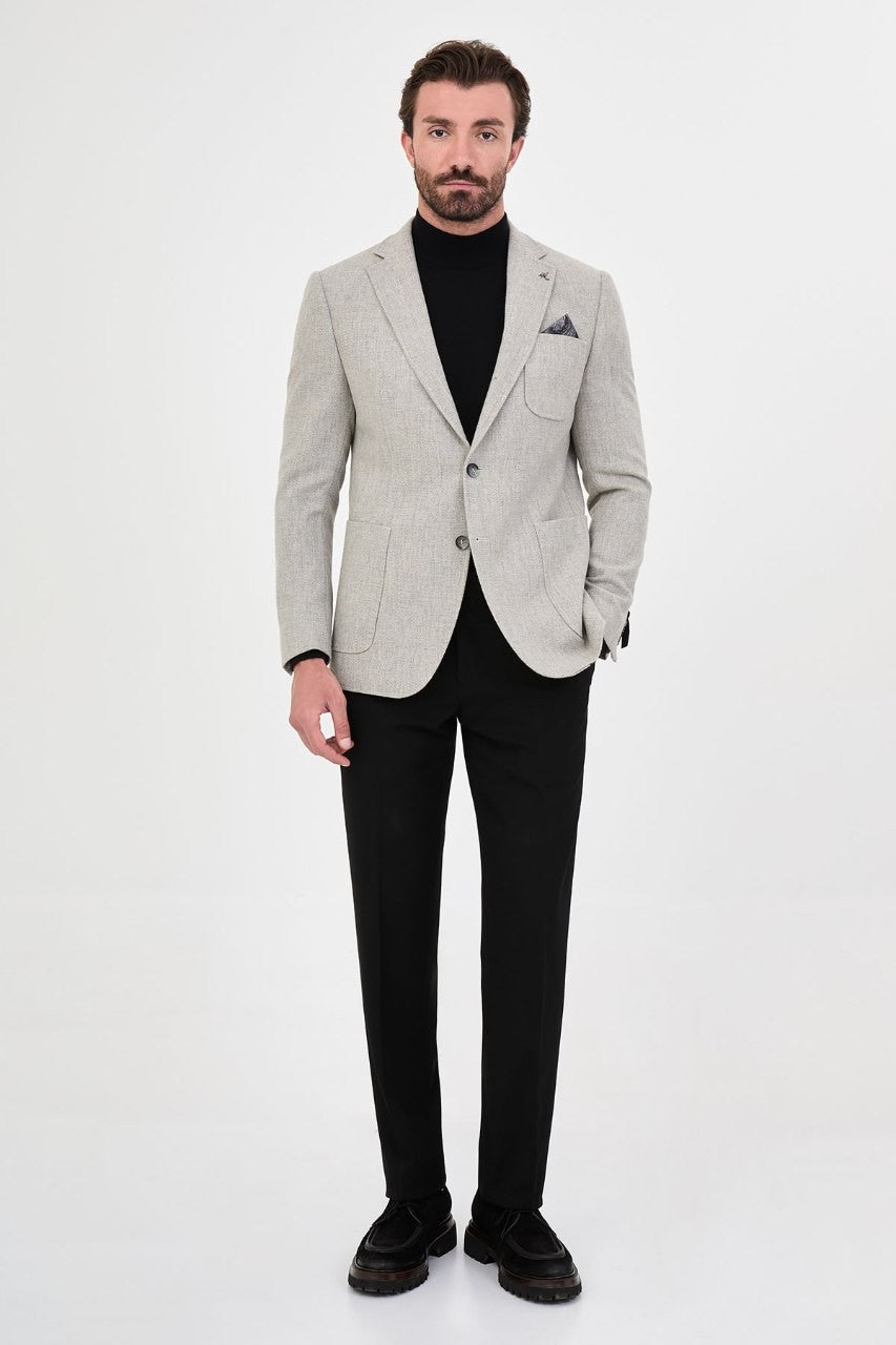 Men’s light grey blazer, full-length outfit view