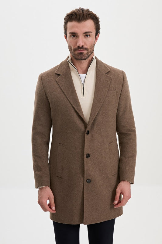 Men’s mink wool-blend overcoat with notch lapels, front open view