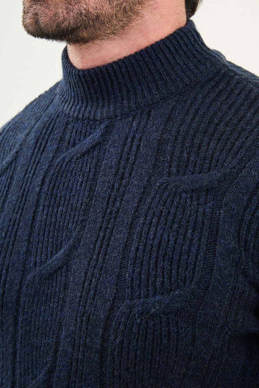 Men’s Navy Blue Cable Knit Slim Fit Mockup Sweater - SUITHARBOR
