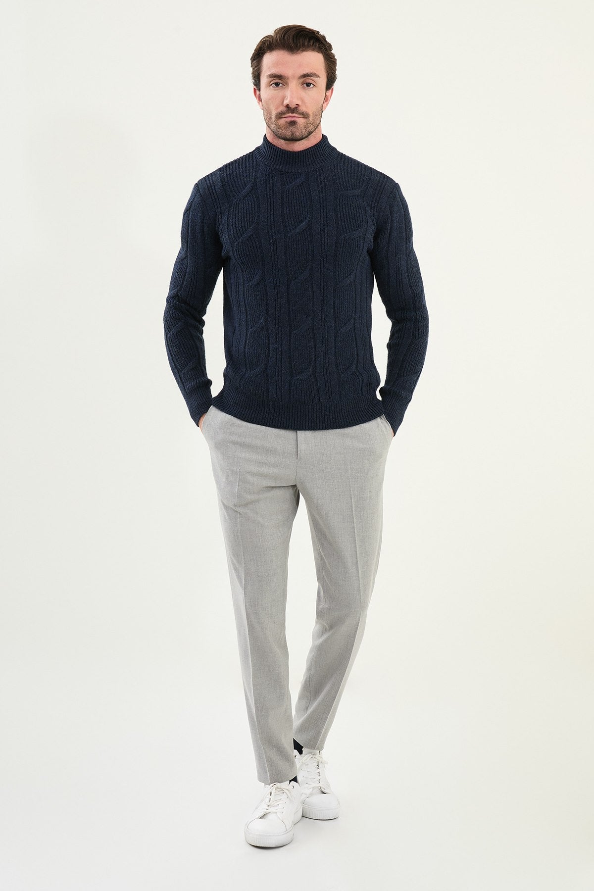 Men’s Navy Blue Cable Knit Slim Fit Mockup Sweater - SUITHARBOR
