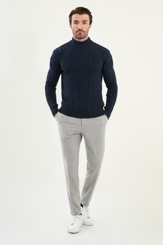Men’s Navy Blue Cable Knit Slim Fit Mockup Sweater - SUITHARBOR