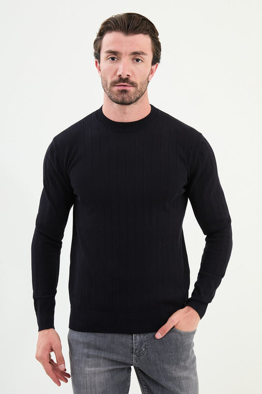 Men’s Navy Blue Ribbed Slim Fit Knitwear Mockup Sweater - SUITHARBOR