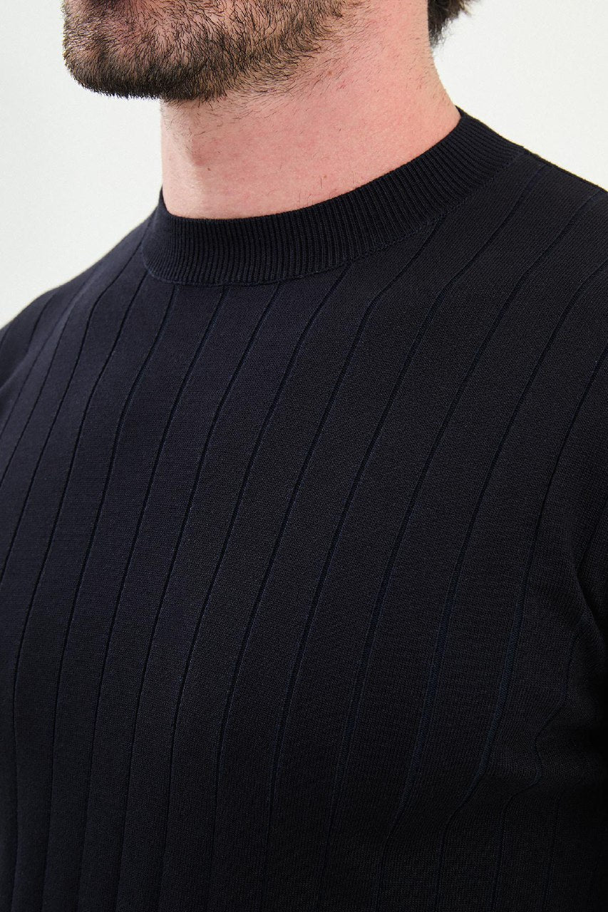 Men’s Navy Blue Ribbed Slim Fit Knitwear Mockup Sweater - SUITHARBOR