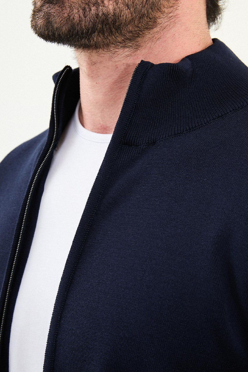 Men’s Navy Blue Ribbed Slim Fit Zip - Up Knitwear Cardigan Sweater - SUITHARBOR