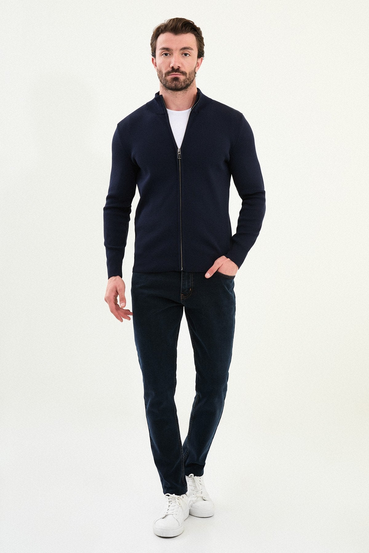 Men’s Navy Blue Ribbed Slim Fit Zip - Up Knitwear Cardigan Sweater - SUITHARBOR