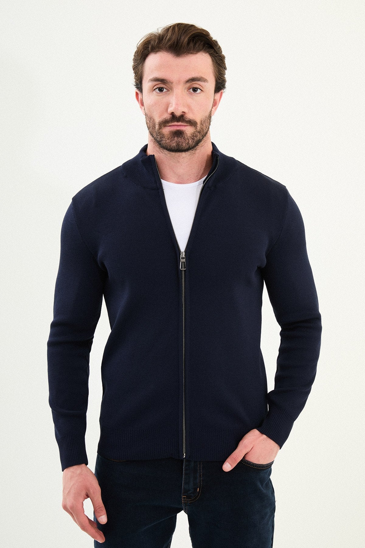 Men’s Navy Blue Ribbed Slim Fit Zip - Up Knitwear Cardigan Sweater - SUITHARBOR