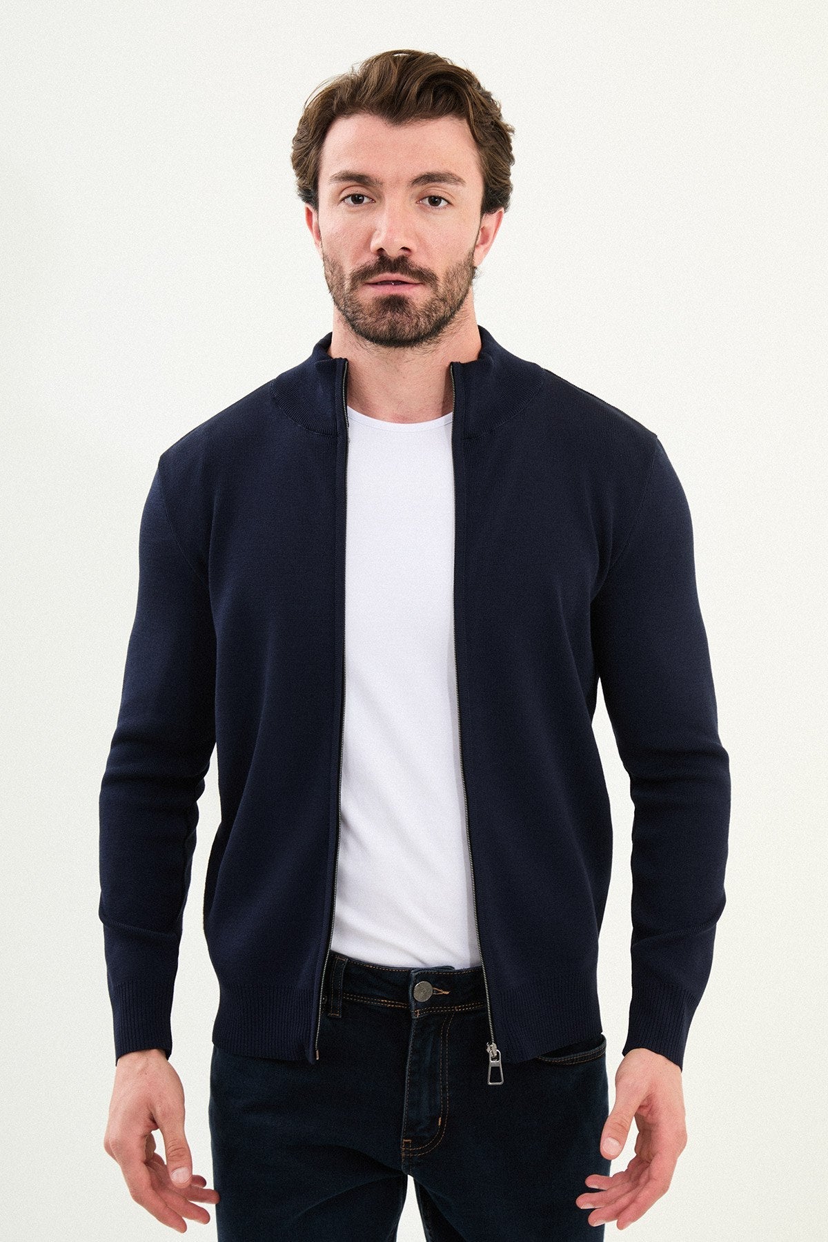Men’s Navy Blue Ribbed Slim Fit Zip - Up Knitwear Cardigan Sweater - SUITHARBOR