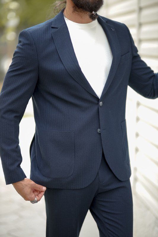 Men’s Navy Blue Seersucker Slim Fit Bag Pocket Sports Suit - SUITHARBOR
