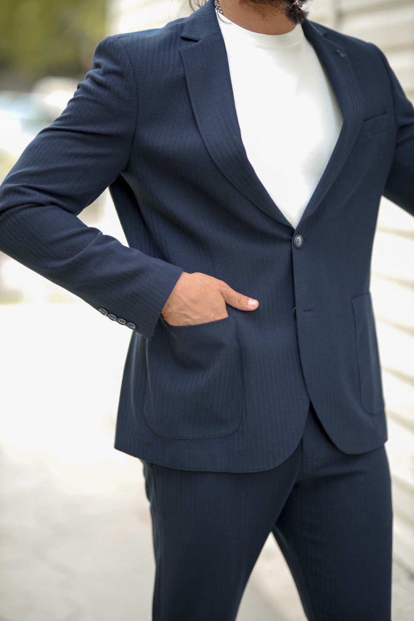 Men’s Navy Blue Seersucker Slim Fit Bag Pocket Sports Suit - SUITHARBOR