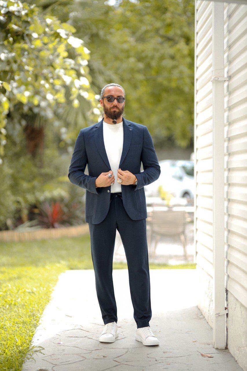Men’s Navy Blue Seersucker Slim Fit Bag Pocket Sports Suit - SUITHARBOR