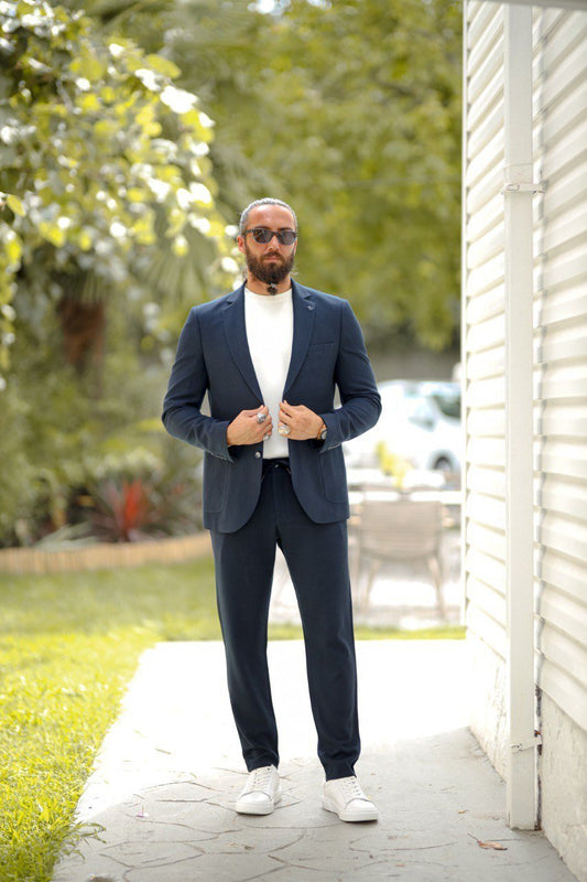 Men’s Navy Blue Seersucker Slim Fit Bag Pocket Sports Suit - SUITHARBOR