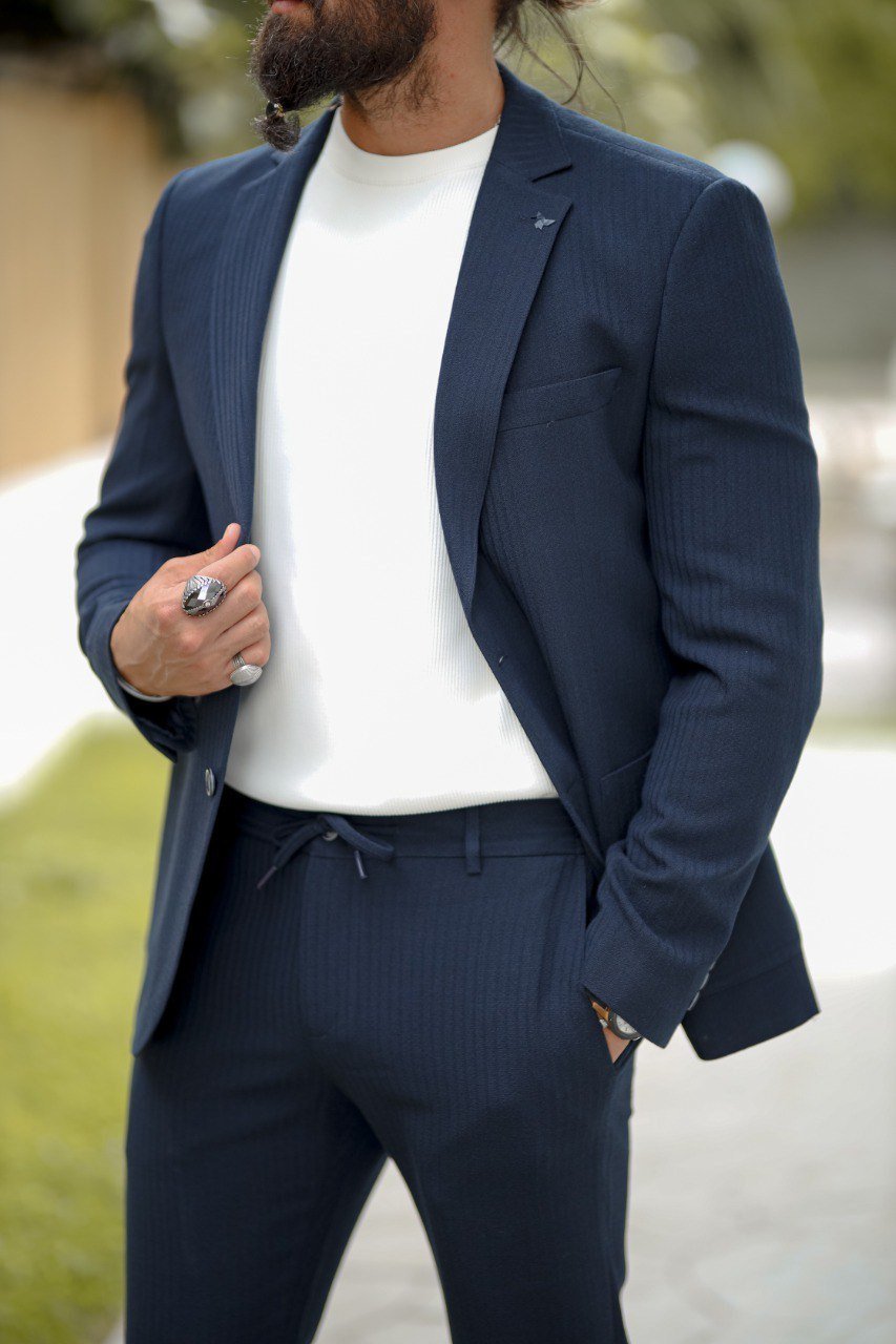Men’s Navy Blue Seersucker Slim Fit Bag Pocket Sports Suit - SUITHARBOR