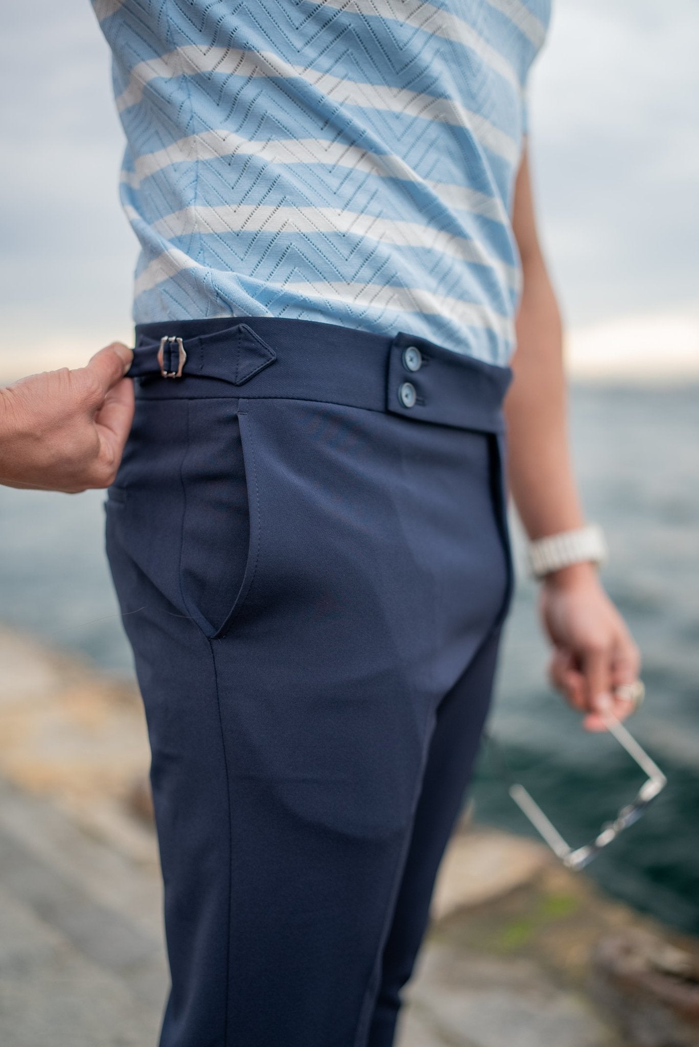 Men’s Navy Blue Slim Fit Belted Double - Button Trousers - SUITHARBOR