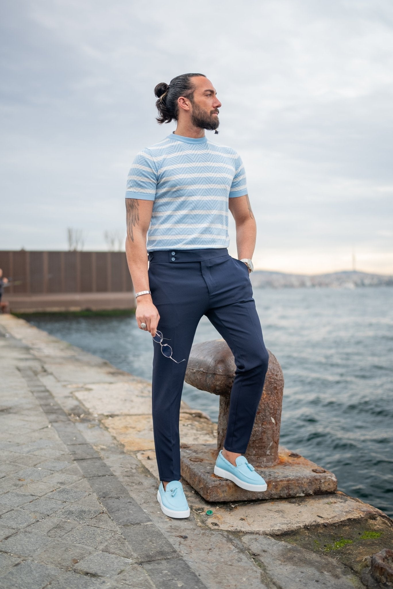 Men’s Navy Blue Slim Fit Belted Double - Button Trousers - SUITHARBOR