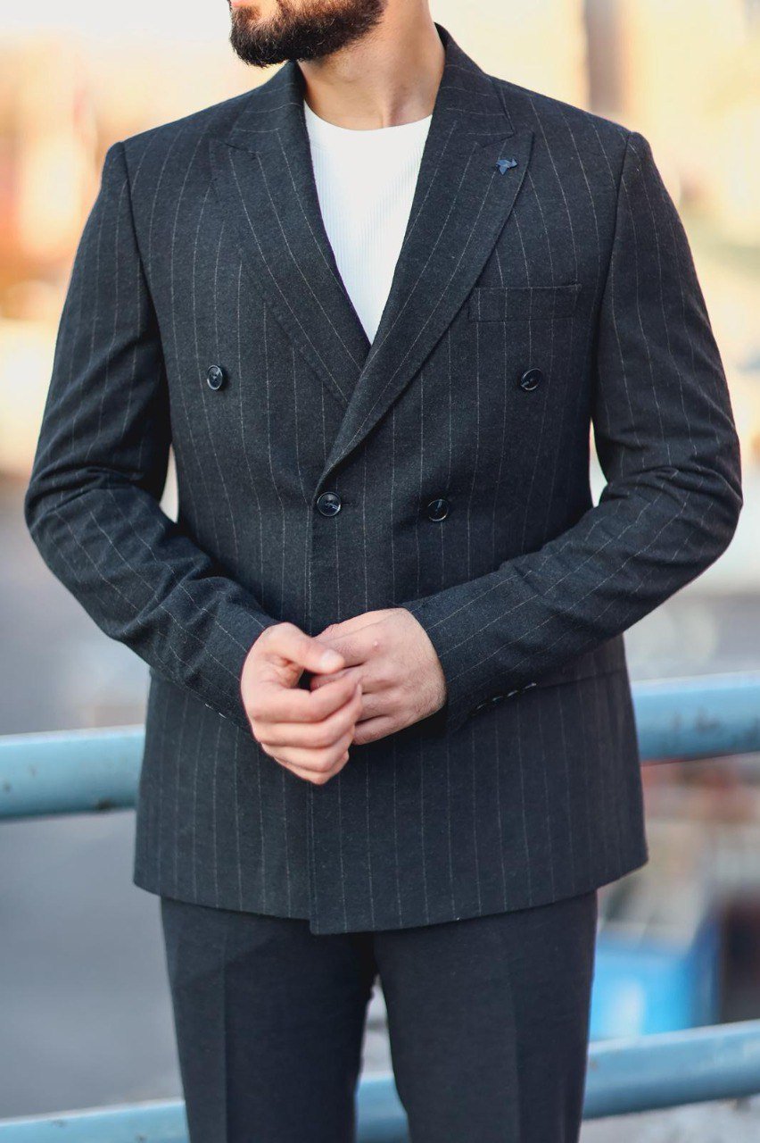 Men’s Navy Blue Slim Fit Double - Breasted Pinstripe Suit - SUITHARBOR